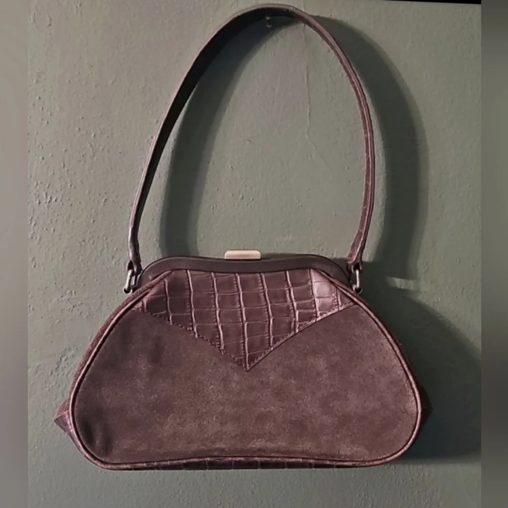 Vintage Laura Ashley Brown Leather Suede & Faux Croc Clasp Handbag - Picture 1 of 11